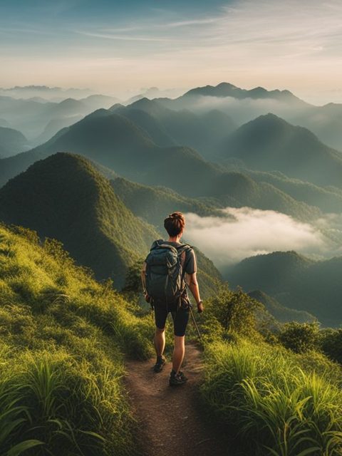 A hiker walking a green ridge trail above misty hills
